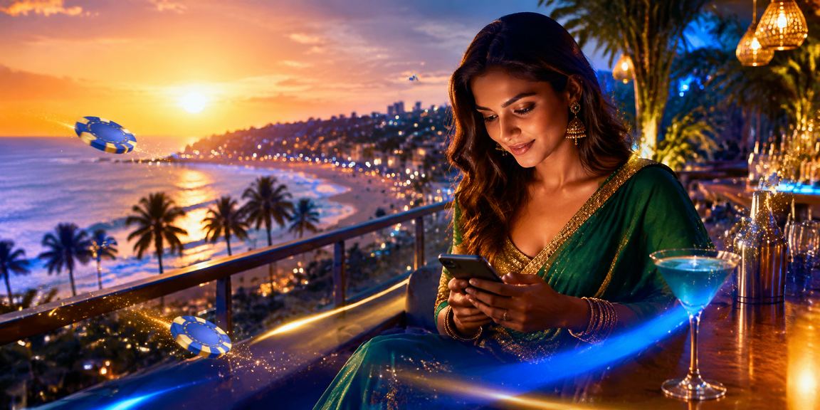 Goa beach scene with users engaged in Teen Patti and sports betting on mobile